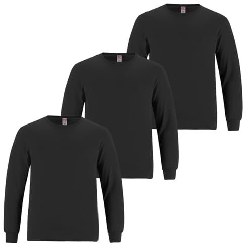 3 Pairs Mens Long Sleeve T-Shirt Top Cuffed Crew Neck Plain Jersey Tee Top Adults Casual Wear (Black, L)