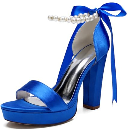 YFZBJY Sandalias de tacón Alto de satén para Mujer con Suela Plataforma, Correa de Perlas en el Tobillo y Lazo - Zapatos Elegantes para Bodas y Fiestas,Azul,38.0 EU