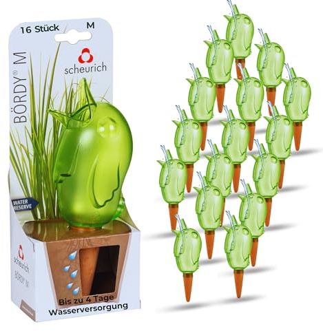 Scheurich Wasserspender Bördy M | 16 x Grün | 220ml Füllmenge | Bewässerungskugel klein mit Ton Fuß | Wasserspender Pflanzen und Blumen Terrakotta Stiel