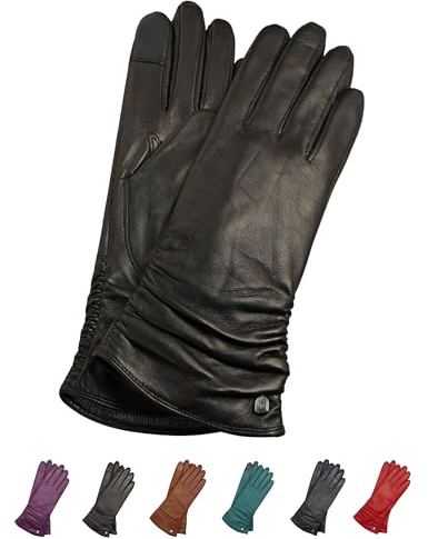 AKAROA ESTD 2019 BEA Gants en cuir pour femme avec fonction écran tactile, cuir italien, doublure tricotée recyclée en 50 % cachemire et 50 % laine, 4 tailles S à XL, Bea noir, X-Large