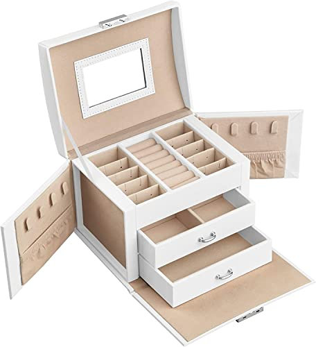 SONGMICS 3-Tier Jewellery Box/Case with Mirror, Lockable Jewellery Organiser with Handle, 2 Drawers, Travel Jewellery Storage, Modern Style, Gift for Loved Ones, Classic White JBC154W01