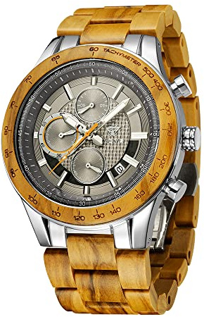 VICVS Orologio da uomo in legno, orologio in legno di sandalo/noce nero/olivo con movimento giapponese al quarzo, cronografo multifunzione con cinturino in legno, impermeabile (Olive Metal)