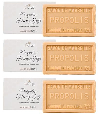bedrop Propolis Seife, Naturseife, Akne Seife unreine Haut Schuppenflechte Neurodermitis, feste Handseife Körperseife mit Honig, Sheabutter, Kokosöl, Olivenöl, 3x 100g