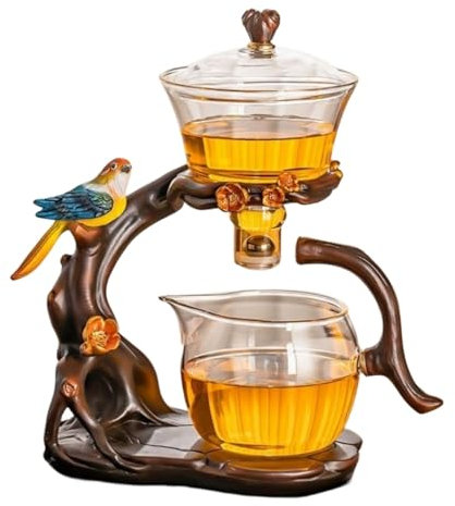 MOZEO Lazy Kungfu - Set da tè in vetro a forma di uccellino, semi automatico, con ciotola rotante e infusore (uccello)