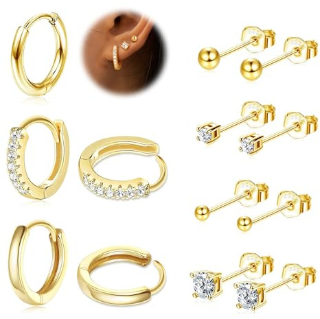 LOLIAS 7 Pares 925 Plata Pendientes Mujer Oro Pendientes de Aro de Oro Circonita Piercing Oreja Oro de 14K Pendiente Hipoalergénico Pendientes Dorados para Mujeres y Niñas