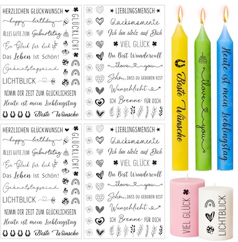 BETESSIN 4pcs Kerzentattoos Geburtstag Kerzen Tattoo Folie Happy Birthday Glückwünsch Kerzensticker Lieblingsmensch Kerzensprüche Wasserschiebefolie Kerzen Aufkleber DIY Geschenk für Kerze Tasse