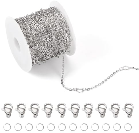 PandaHall 5 m 304 rostfritt stål hjärtlänk, kedjor, halsband, kedjor, förlängningskedja, bulk med hummerlås, bindringar för armband, smyckestillverkning