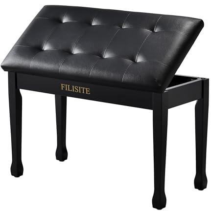 FILISITE Duet Piano Bench with Storage, Wooden Piano Stool with Waterproof Padded Cushion, Bench Seat for Vanity, Living Room, Bedroom (Black)