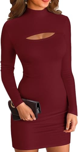 ELFIN Mini Robe Moulante côtelée à Manches Longues et col Montant pour Femme Couleur Unie Rouge Bordeaux, L