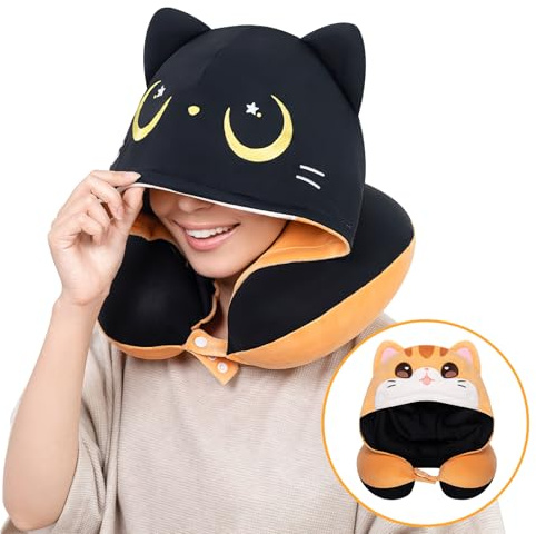 Mewaii Kids Travel Neck Pillow with Hood,Memory Foam Airplane Pillow,Double-Sided, Cute Design, Cooling Ice Silk & Soft Plush, Adjustable, Portable & Washable for Flights