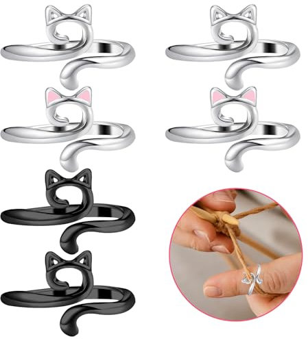 Tyqour 6 Stück Verstellbare Häkelringe zum Häkeln DIY Katzenohren Stricken Häkeln Metall Häkelringe für Finger, Katze Häkelring für Frauen Mädchen Häkelliebhaber(3 Farbe)