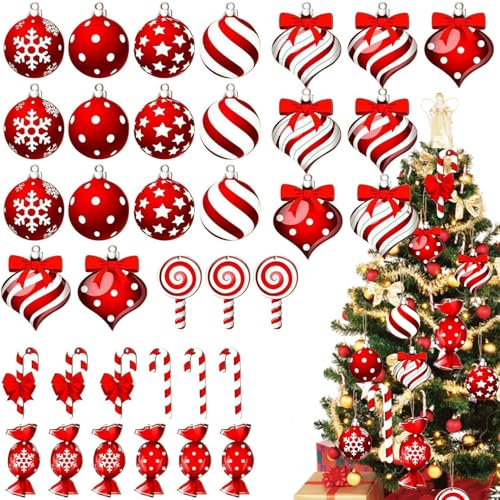 Bobety Candy Cane Christmas Decorations - Wooden Gloss Candy Canes Ball Ornaments for Indoor & Outdoor Christmas Tree Decor - Christmas Candy Cane Tree Pendants & Lollipop Decorations (36pcs)