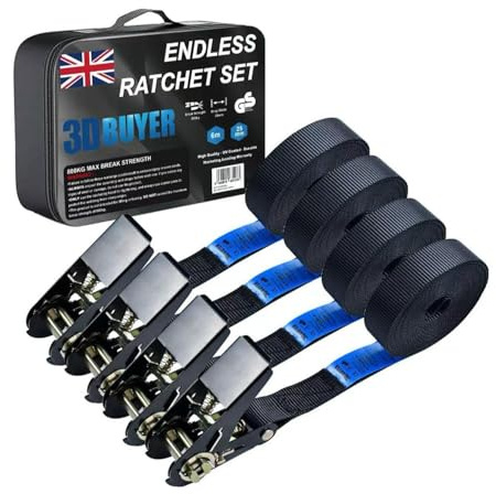 4 Pack Heavy Duty Ratchet Tie Down Straps 6m x 25mm, 800kg Break Strength, Endless Cargo Lashing Straps with Coated Grip Handles & Carry Bag Ideal for Motorcycle, Trailer, Van & Moving