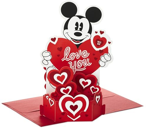 Hallmark Valentines Day Card, 3D & Pop Up, Musical, Light Up Heart, Disney, Mickey Mouse, Gold, Pink, Blue, White