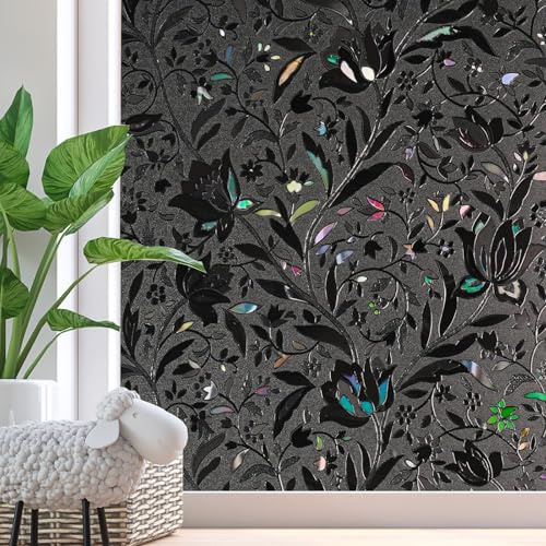 Zindoo 3D Blackout Window Film Privacy for Glass Windows, Tulip, 44.5x200cm | Black Out Privacy Day and Night, Black Glass Cover UV Protection Light Blocking, Static Cling No Glue for Bedroom Glass Doors