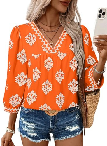 SHEWIN Womens Summer Tops 2026 Mid Length Sleeve Shirts V Neck Floral Blouse Flowy Spring Tops for Women Blouses Orange Medium