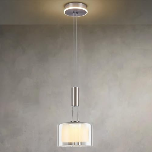 PIOUTNF Moderne Esstisch Pendelleuchte, LED Dimmbare Hängeleuchte, Esszimmerlampe Höhenverstellbar, Hängelampe Wohnzimmer, Küchenlampe Hängelampe mit Glas Lampenschirm und Fernbedienung, Nickel