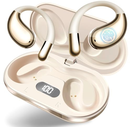 Wireless Earbuds,Open Ear Earbuds - Bone Conduction Headphones,running headphones,Waterproof Deep Bass Earphones for Fitness and Running, sports headphones,Sweat-Resistant for Workouts (Khaki White)