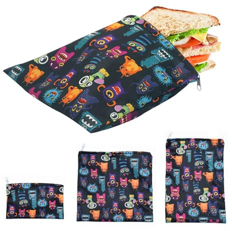 Borsa per sandwich riutilizzabile - Sacchetti per snack in tessuto Eco Friendly 3pcs, Snack Zip Snack Washable Snack | Borsa da pranzo con cerniera riutilizzabile per la scuola a pranzo, deposito di