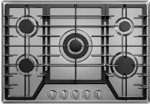 Cocina de gas de 30 pulgadas con 5 quemadores sellados, estufa de acero inoxidable, rejillas de hierro fundido aptas para lavavajillas, convertible, NG/LPG, 38 K BTU