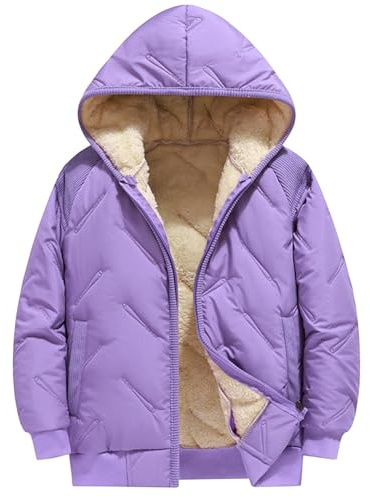 LOSVIP Giacca invernale per ragazze e bambini, corta, calda peluche, imbottita, in cotone, trapuntata, con cappuccio, Lilla, 11-12 Jahre