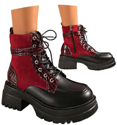 KBOPLEMQ Bottines pour femme avec talon - Bottes de combat d'hiver - Bottes de costume traditionnel - Bottes basses - Bottes courtes - Bottes à lacets antidérapantes - Semelle épaisse - Bottines avec