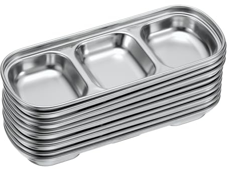 QUARKZMAN 10er Pack Edelstahl Dip-Schalen Mit 3 Unterteilten Rechteckigen Fächern Metall Gewürzschale Für Gewürze Zuhause Party Restaurant Picknick Reisen Silber