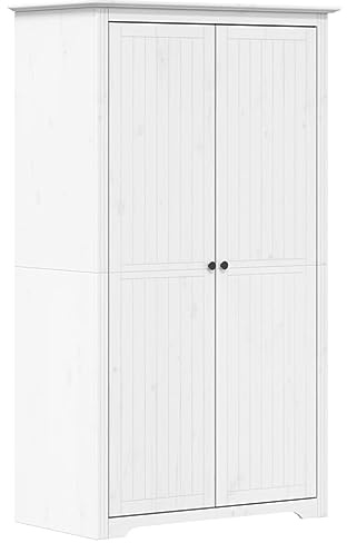 Armario BODO blanco madera maciza de pino 99 x 53,5 x 173 cm con barra de almacenamiento y asas de metal, estilo francés para dormitorio, pasillo y vestidor