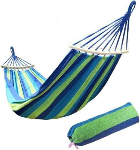 Amaca da giardino con barre di diffusione in legno e borsa per il trasporto, amaca portatile a righe in tela traspirante, perfetta per patio, cortile all'aperto (190 cm x 100 cm, blu)