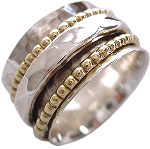 Energy Stone – « CLARTÉ », Bague tournante de méditation avec 2 rotateurs en laiton et 1 motif martelé, conçue (Style UK01)