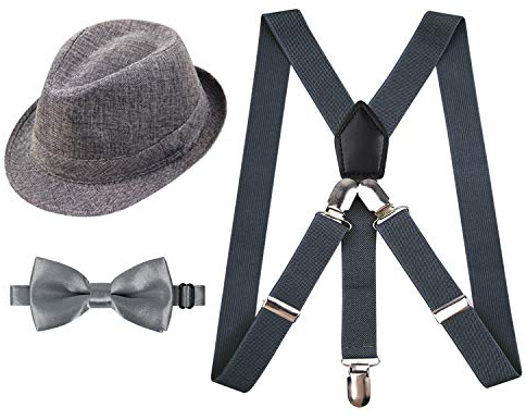Alizeal 100 Days of School Costume for Kids 2.5cm Elastic Braces 3 Clip Suspender and Bow Tie Set with Fedora Hat, Gray