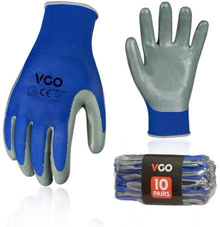 Vgo... 10 paia Guanti da Lavoro di Sicurezza, Guanti da Giardinaggio, Rivestimento in Nitrile Antiscivolo, Guanti da Immersione NT2110