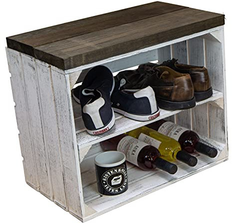 Kistenkolli Altes Land Sitzkiste Johanna Obstkiste und massiven Holzplanken Schuhablage Schuhkommode Hocker Sitzbank Holzbank Regalkiste aus Holz Maße 50 x 30 x 43cm L x T x H (Shabby Weiss/schwarz)