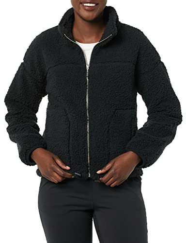 Amazon Essentials Women's Fleece Zip-Up Sherpa Jacket with Stand Neck, Black, Small