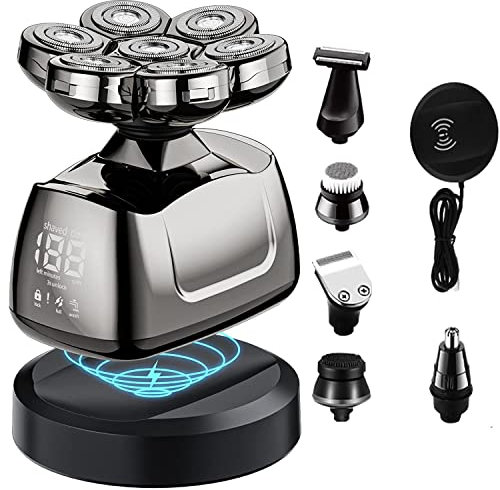 Thnkstaps Rasierer Herren Elektrisch, 6 in 1 Rasierer Kabelloses Laden Wasserdicht Mit 7 Schneidköpfen, LED Display Rasierapparat, Präzisions Bartschneider, Nasenhaartrimmer, Gesichtsbürste