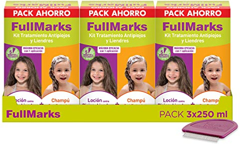 Full Marks Kit Tratamiento Antipiojos para Niños, Elimina los Piojos, Contiene Loción 100 ml, Champú Post-Tratamiento 150 ml y Lendrera Metálica, Pack ahorro x3