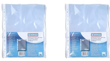 DONAU Prospekthüllen / 100 Stück/Din A4/ Glasklar Oben Offen Klarsichthüllen Sicht-Hüllen Gelochte Plastikhülle für Dokumente Papiere Akten Ordner/PP/Transparent 100 Mikron (Packung mit 2)