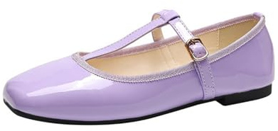 ANUFER Women's Flat Mary Jane Shoes Buckle T-Strap Ballet Pumps SD5A1208 Purple UK7.5