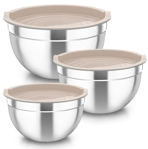TEAMFAR Rührschüssel 3er Set, Edelstahl Schüssel Salatschüssel mit Luftdicht Deckel, 4,5L/2,5 L/1,5L Schüsselset, Stapelbar & Spülmaschinenfest, Khaki