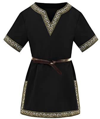 Haloumoning Tunica medievale per ragazzi, magliette cosplay per bambini, costume Halloween Rinascimento Vichingo Guerriero Cavaliere top, Nero , 10-12 Anni