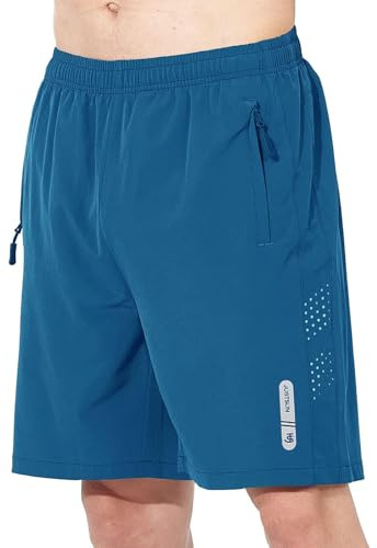 JustSun Shorts herr sport snabbtorkande lätta andningsbara med dragkedja, Påfågelsblå, XXL