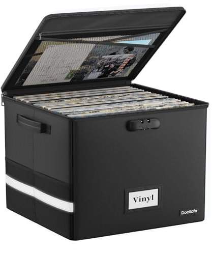 Vinyl Record Storage Box with Lock,Fireproof＆Waterproof Vinyl Storage Case for 12 inch Records Holds up to 150+ Single Records,Collapsible Portable Record Organizer for Collecting Valuable Album