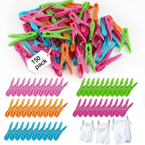 150 Stück Wäscheklammern Bunt Set, Kunststoff Clothes Pegs Handtuchklammern Ohne Abdruck, Windfest Klammern Wäsche, Starke Grip Clothes pegs, Wäscheleine, Kleidung, Socken, Handtuch