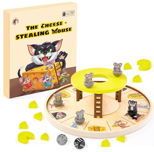 Katze und Maus Kinderspiel, Mäuseschreck Brettspiel Holz Spielzeug ab 3 Jahre, Familienspiele Würfelspiel für 2-5 Spieler, Kinder Spiel ab 4 5 6 Jahre