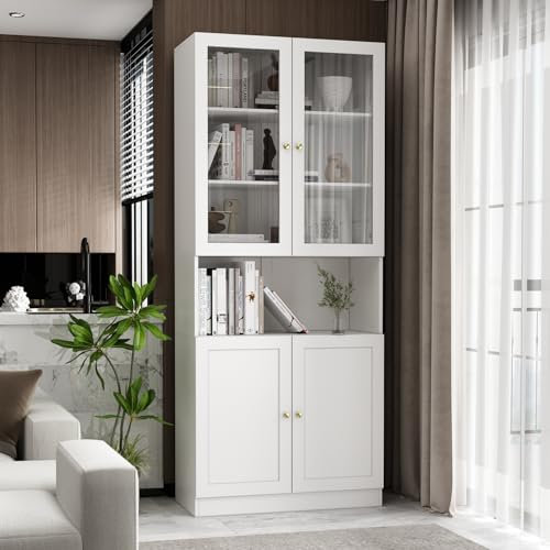 Vitrine mit Tischplatte, 2 Glastüren, Glasvitrine mit 3 Schubladen, Bücherschrank mit 4 Ablagen, Vitrinenschrank, Glasschrank, Hochschrank, Küchenschrank, für Arbeitszimmer, Küchen, Weiß, 80x40x180cm