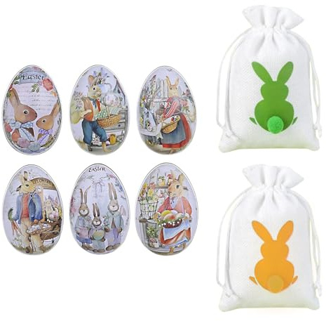 6 pcs Tarro de Dulces de Huevos de Pascual,Huevos de Pascua de Primera Clase en Caja Metálica - Decoraciones Reutilizables y Duraderas de Pascua - Coloridos y Adorables Diseños de Conejitos