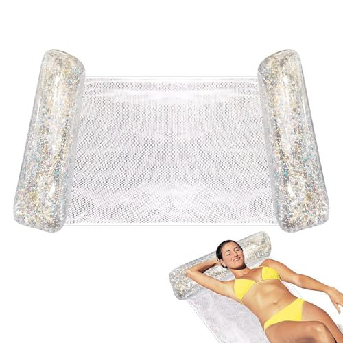 Raypontia Hamac gonflable de piscine avec filet - 130 x 70 cm - Avec filet à paillettes - Hamac de piscine pour piscine - En PVC - Pliable - Résistant - Facile à transporter - Polyvalent
