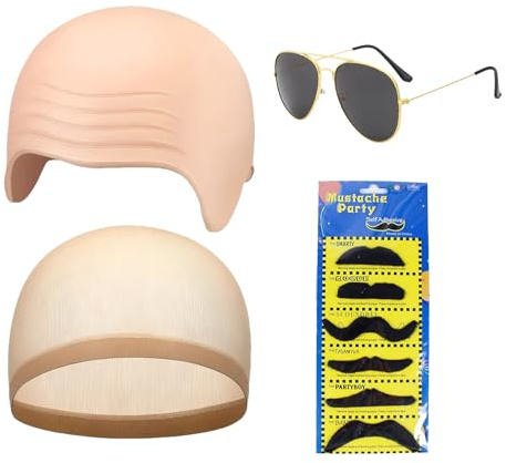 SSKHE Juego de disfraz de gorra calva para adultos, gorra de látex + gafas de sol negras + paquete de barba falsa + red para el pelo | Accesorios de cosplay para Halloween, icono de música y disfraz