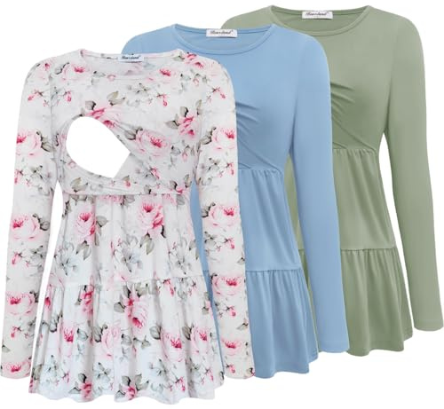 Bearsland Women’s Nursing Top 3pack Long Sleeve Scoop Neck Breastfeeding Shirts Nursing Shirt, Gray Green & Glacier Blue & Pink Rose, L