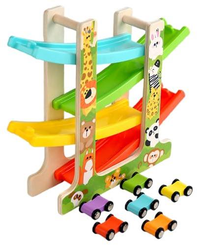 Rennstrecken-Set für Kleinkinder – Rutschenautos aus Holz, Spielturm, Kinderfahrzeug-Rampenspielzeug | Robuster, mehrstöckiger Gleisaufbau, Übung und Fokussierung der Feinmotorik, rollende Autoaktivit